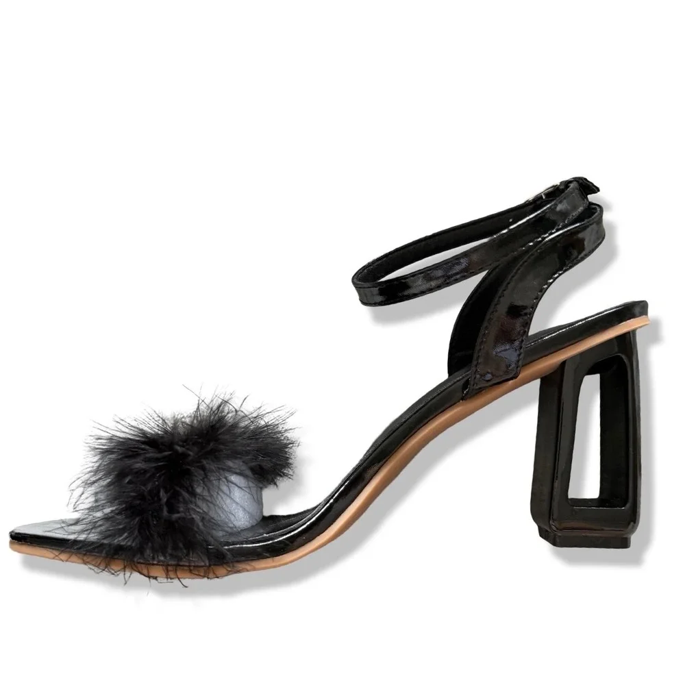 Black Feather Ankle Strap Sandals Cut Out Block Heel Square Toe Sz 11.5 EUR 44